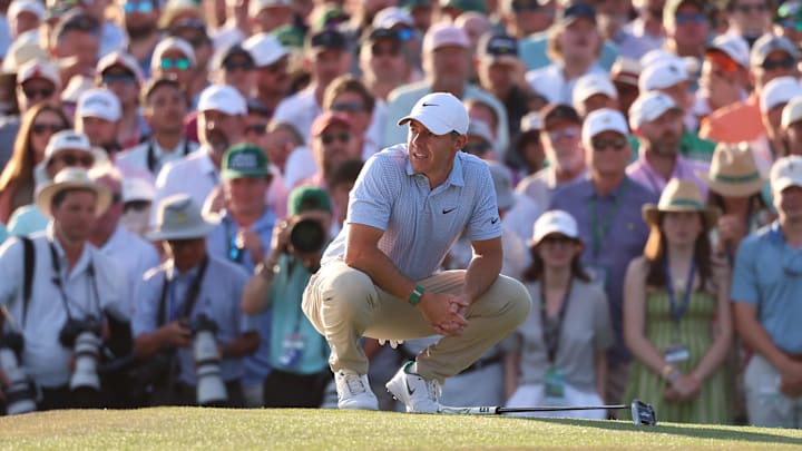 Apr 12, 2026; Augusta, Georgia, USA; Rory McIlroy looks on while waiting to putt the eighteenth green during the final round of the Masters Tournament at Augusta National Golf Club. Mandatory Credit: Bill Streicher-Imagn Images