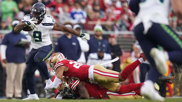Dec 10, 2023; Santa Clara, California, USA; Seattle Seahawks running back Kenneth Walker III (9) runs with the ball after making a catch against the San Francisco 49ers in the fourth quarter at Levi's Stadium. Mandatory Credit: Cary Edmondson-Imagn Images