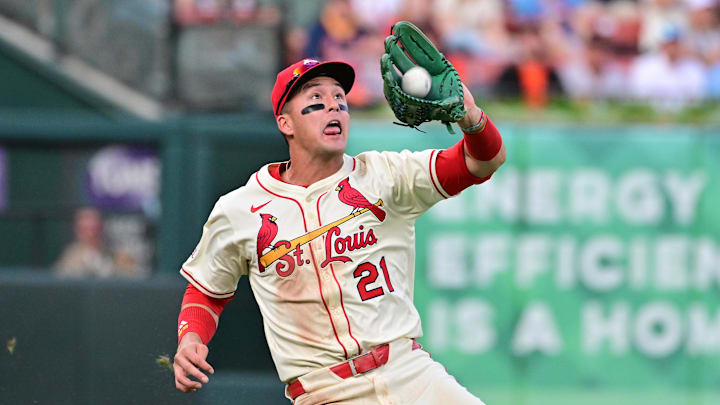 Sep 6, 2025; St. Louis, Missouri, USA; St. Louis Cardinals outfielder Lars Nootbaar (21) makes the catch on a fly ball to left field by San Francisco Giants catcher Patrick Bailey (14) in the second inning at Busch Stadium. Mandatory Credit: Tim Vizer-Imagn Images