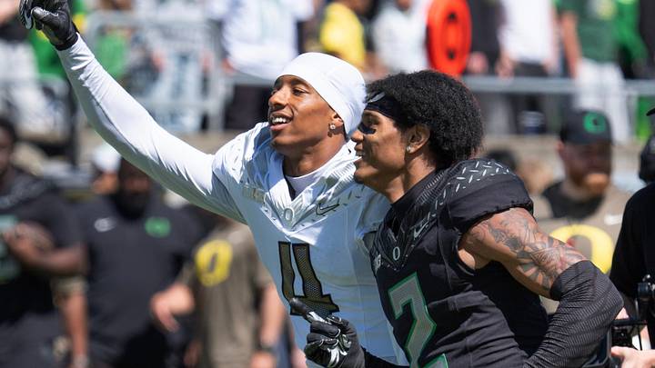 Oregon’s Brandon Finney Jr., left, and 	
Na'eem Offord dance to shout during the Oregon Spring Game at Autzen Stadium in Eugene April 25, 2026