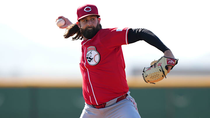 Cincinnati Reds pitcher Tejay Anton throws live batting practice during spring training workouts.