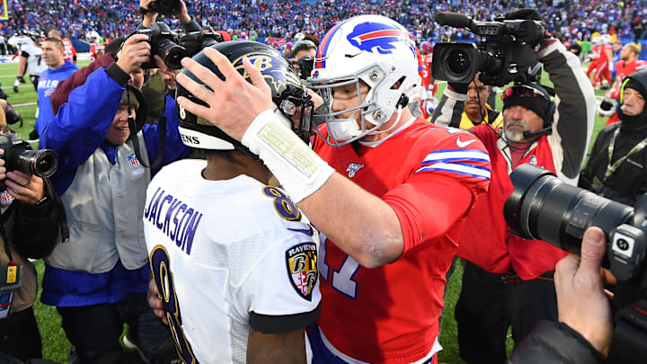 Dec 8, 2019; Orchard Park, NY, USA; Baltimore Ravens quarterback Lamar Jackson (8) greets Buffalo Bills quarterback Josh Allen (17) following the game