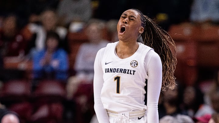 Mar 6, 2025; Greenville, SC, USA; Vanderbilt Commodores guard Mikayla Blakes (1) celebrates against the Tennessee Lady Vols during the first half at Bon Secours Wellness Arena. Mandatory Credit: Scott Kinser-Imagn Images