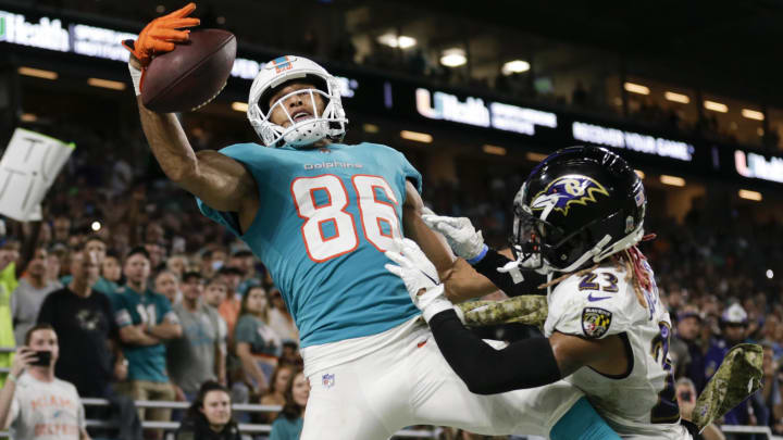 Wide receiver Mack Hollins against the Baltimore Ravens at Hard Rock Stadium in a 2021 game. Wide receiver Mack Hollins against the Baltimore Ravens at Hard Rock Stadium in a 2021 game.