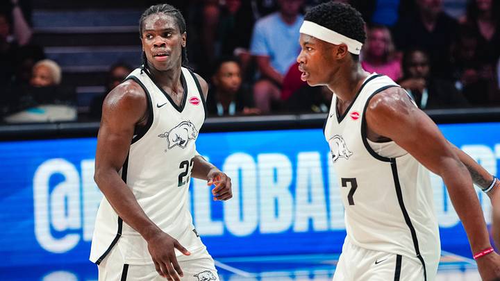 Arkansas Razorbacks guards Jordan Smith, Jr. and JJ Andrews celebrate following made basket in first half against The Bahamas National Team. Arkansas Razorbacks guards Jordan Smith, Jr. and JJ Andrews celebrate following made basket in first half against The Bahamas National Team.