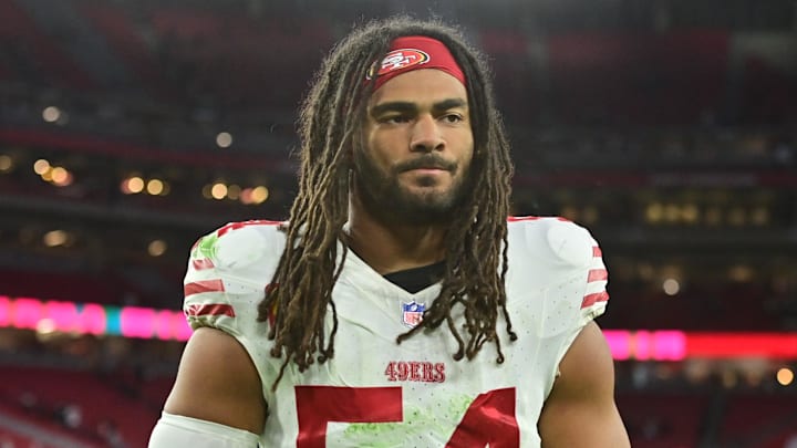 Jan 5, 2025; Glendale, Arizona, USA;  San Francisco 49ers linebacker Fred Warner (54) looks on after losing to the Arizona Cardinals at State Farm Stadium. Mandatory Credit: Matt Kartozian-Imagn Images