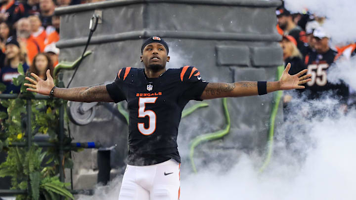 Dec 28, 2024; Cincinnati, Ohio, USA; Cincinnati Bengals wide receiver Tee Higgins (5) runs onto the field before the game against the Denver Broncos at Paycor Stadium. Mandatory Credit: Katie Stratman-Imagn Images