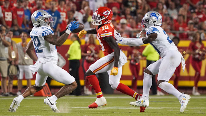 Sep 7, 2023; Kansas City, Missouri, USA; Detroit Lions safety Brian Branch (32) intercepts a pass Sep 7, 2023; Kansas City, Missouri, USA; Detroit Lions safety Brian Branch (32) intercepts a pass