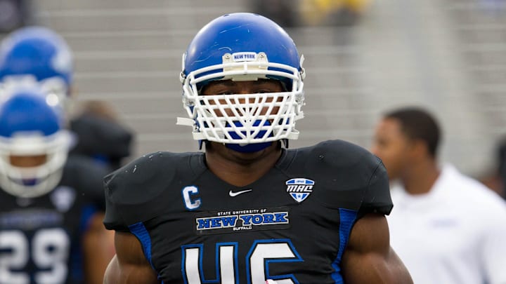 Oct 19, 2013; Buffalo, NY, USA; Buffalo Bulls linebacker Khalil Mack (46) before a game against the Massachusetts Minutemen at University of Buffalo Stadium. Oct 19, 2013; Buffalo, NY, USA; Buffalo Bulls linebacker Khalil Mack (46) before a game against the Massachusetts Minutemen at University of Buffalo Stadium.
