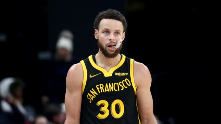 Jan 15, 2024; Memphis, Tennessee, USA; Golden State Warriors guard Stephen Curry (30) reacts during the second half against the Memphis Grizzlies at FedExForum. Mandatory Credit: Petre Thomas-USA TODAY Sports