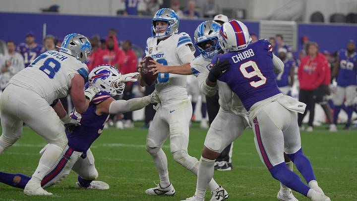 Buffalo Bills linebackers Michael Hoecht and Bradley Chubb apply pressure to Detroit Lions quarterback Jared Goff during the second half at the Bills' home opener game against the Lions on Sept. 17, 2026. Buffalo Bills linebackers Michael Hoecht and Bradley Chubb apply pressure to Detroit Lions quarterback Jared Goff during the second half at the Bills' home opener game against the Lions on Sept. 17, 2026.