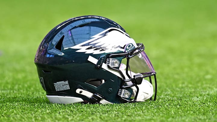 Oct 19, 2025; Minneapolis, Minnesota, USA; A general view of the Philadelphia Eagles helmet before the game against the Minnesota Vikings at U.S. Bank Stadium. Mandatory Credit: Jeffrey Becker-Imagn Images