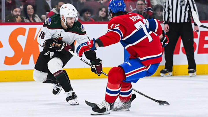 Feb 27, 2024; Montreal, Quebec, CAN; Arizona Coyotes left wing Jason Zucker (16) plays the puck