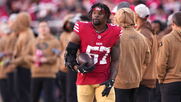 Nov 19, 2023; Santa Clara, California, USA; San Francisco 49ers linebacker Dre Greenlaw (57) during the third quarter against the Tampa Bay Buccaneers at Levi's Stadium. Mandatory Credit: Darren Yamashita-Imagn Images Nov 19, 2023; Santa Clara, California, USA; San Francisco 49ers linebacker Dre Greenlaw (57) during the third quarter against the Tampa Bay Buccaneers at Levi's Stadium. Mandatory Credit: Darren Yamashita-Imagn Images
