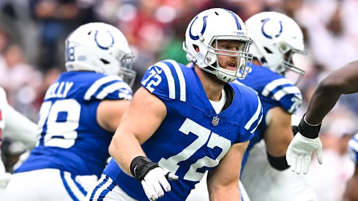 Sep 17, 2023; Houston, Texas, USA; Indianapolis Colts offensive tackle Braden Smith (72) in action during the first half against the Houston Texans at NRG Stadium. Mandatory Credit: Maria Lysaker-Imagn Images