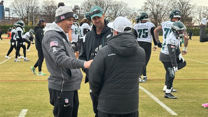 Kellen Moore and Kevin Patullo at Eagles practice
