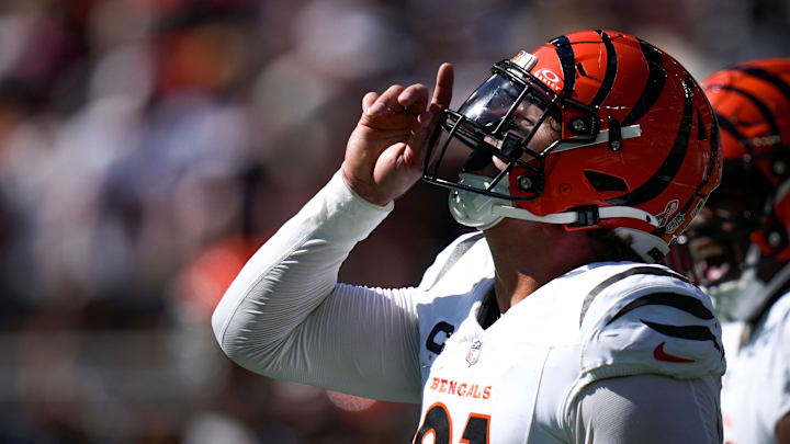 Cincinnati Bengals defensive end Trey Hendrickson (91) celebrates a sack in the fourth quarter of the NFL Week 1 game between the Cleveland Browns and the Cincinnati Bengals at Huntington Bank Field in Cleveland on Sunday, Sept. 7, 2025. The Bengals begin the season with a 17-16 win over the Browns. Cincinnati Bengals defensive end Trey Hendrickson (91) celebrates a sack in the fourth quarter of the NFL Week 1 game between the Cleveland Browns and the Cincinnati Bengals at Huntington Bank Field in Cleveland on Sunday, Sept. 7, 2025. The Bengals begin the season with a 17-16 win over the Browns.