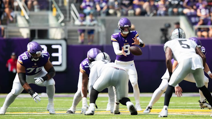 J.J. McCarthy during his preseason debut in 2024 against the Raiders. J.J. McCarthy during his preseason debut in 2024 against the Raiders.