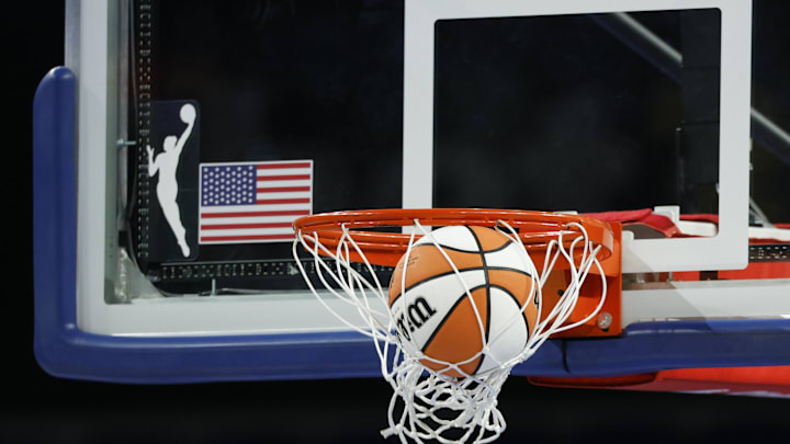 Aug 3, 2025; Chicago, Illinois, USA; Wilson basketball is seen next to WNBA logo before a game between the Chicago Sky and Phoenix Mercury at Wintrust Arena. Mandatory Credit: Kamil Krzaczynski-Imagn Images Aug 3, 2025; Chicago, Illinois, USA; Wilson basketball is seen next to WNBA logo before a game between the Chicago Sky and Phoenix Mercury at Wintrust Arena. Mandatory Credit: Kamil Krzaczynski-Imagn Images
