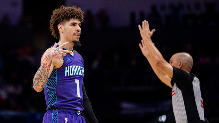 Mar 1, 2025; Charlotte, North Carolina, USA; Charlotte Hornets guard LaMelo Ball (1) celebrates a three-point basket against the Washington Wizards during the second quarter at Spectrum Center. Mandatory Credit: Scott Kinser-Imagn Images Mar 1, 2025; Charlotte, North Carolina, USA; Charlotte Hornets guard LaMelo Ball (1) celebrates a three-point basket against the Washington Wizards during the second quarter at Spectrum Center. Mandatory Credit: Scott Kinser-Imagn Images