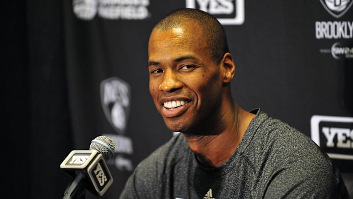 February 23, 2014; Los Angeles, CA, USA; Brooklyn Nets newly signed player Jason Collins speaks to media before playing against the Los Angeles Lakers at Staples Center. Mandatory Credit: Gary A. Vasquez-Imagn Images
