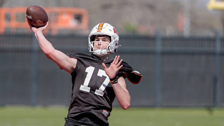 Oklahoma State quarterback Drew Mestemaker throws the football during a workout. Oklahoma State quarterback Drew Mestemaker throws the football during a workout.