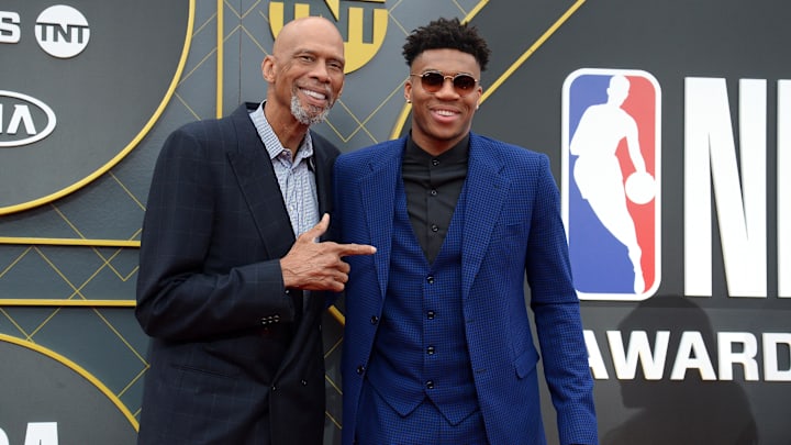 June 24, 2019; Los Angeles, CA, USA; Milwaukee Bucks forward Giannis Antetokounmpo poses with former player Kareem Abdul-Jabbar arrives on the red carpet for the 2019 NBA Awards show at Barker Hanger. Mandatory Credit: Gary A. Vasquez-Imagn Images