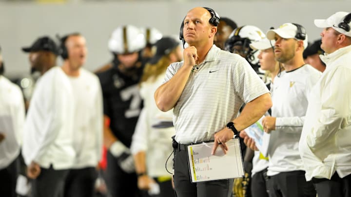 Vanderbilt Commodores head coach Clark Lea watches the video board after a missed call against the Alcorn State Braves during the first half at FirstBank Stadium. Vanderbilt Commodores head coach Clark Lea watches the video board after a missed call against the Alcorn State Braves during the first half at FirstBank Stadium.