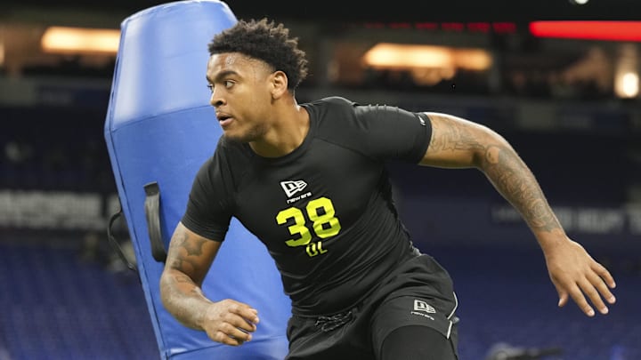 Auburn defensive lineman Keldric Faulk during the NFL Scouting Combine at Lucas Oil Stadium.