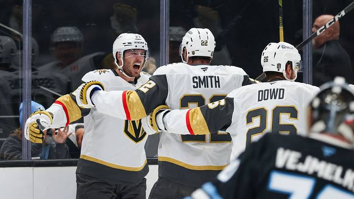 May 1, 2026; Salt Lake City, Utah, USA; Vegas Golden Knights center Colton Sissons (10) celebrates with right wing Cole Smith (22) and center Nic Dowd (26) after scoring a goal against the Utah Mammoth during the third period in game six of the first round of the 2026 Stanley Cup Playoffs at Delta Center. Mandatory Credit: Rob Gray-Imagn Images May 1, 2026; Salt Lake City, Utah, USA; Vegas Golden Knights center Colton Sissons (10) celebrates with right wing Cole Smith (22) and center Nic Dowd (26) after scoring a goal against the Utah Mammoth during the third period in game six of the first round of the 2026 Stanley Cup Playoffs at Delta Center. Mandatory Credit: Rob Gray-Imagn Images