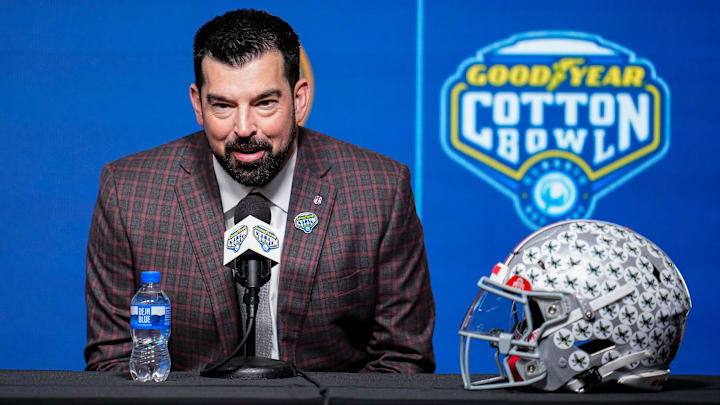 Ohio State Buckeyes head coach Ryan Day talks to media during a Cotton Bowl press conference at AT&T Stadium in Arlington, Texas prior to their College Football Playoff quarterfinal matchup on Dec. 30, 2025.