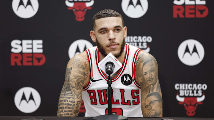 Chicago Bulls guard Lonzo Ball (2) speaks to the press during Media Day. 