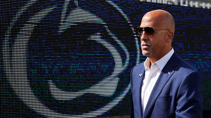 Oct 11, 2025; University Park, Pennsylvania, USA; Penn State Nittany Lions head coach James Franklin prior to the game against the Northwestern Wildcats at Beaver Stadium. Mandatory Credit: Matthew O'Haren-Imagn Images