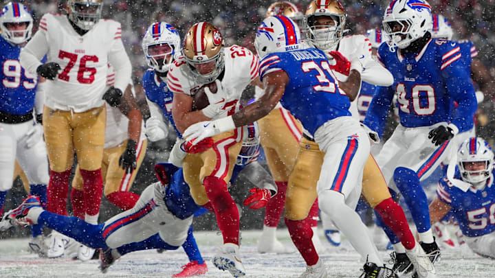 Dec 1, 2024; Orchard Park, New York, USA; Buffalo Bills cornerback Rasul Douglas (31) tackles San Francisco 49ers running back Christian McCaffrey (23)
