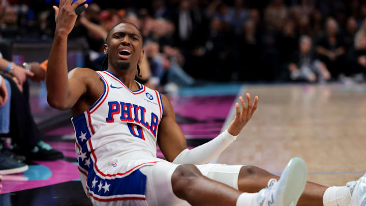 Mar 30, 2026; Miami, Florida, USA; Philadelphia 76ers guard Tyrese Maxey (0) reacts toward a referee against the Miami Heat during the fourth quarter at Kaseya Center. Mandatory Credit: Sam Navarro-Imagn Images