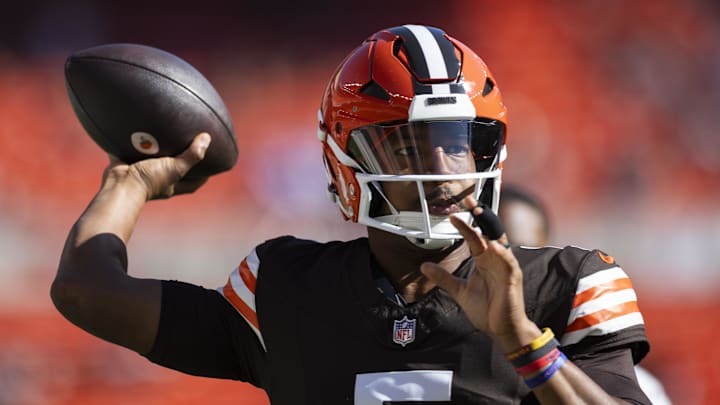 Cleveland Browns quarterback Jameis Winston warms up before a game. Cleveland Browns quarterback Jameis Winston warms up before a game.