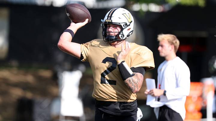Quarterback Jared Curtis (2) participates in Vanderbilt’s football practice Thursday, August 13, 2026 at McGugin Practice Field.