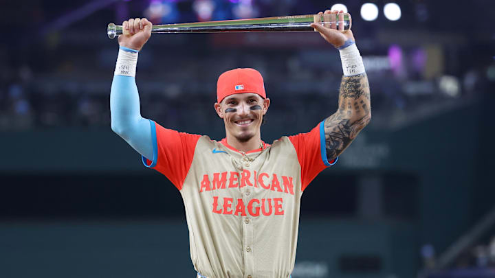 American League left fielder Jarren Duran of the Boston Red Sox celebrates with the MVP trophy after the 2024 MLB All-Star game at Globe Life Field. 