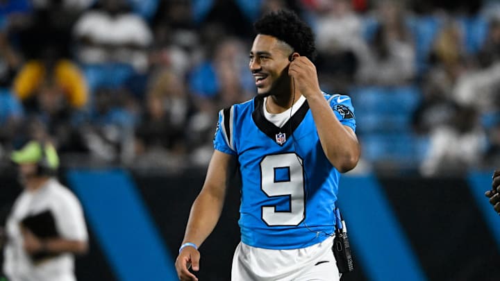 Aug 8, 2025; Charlotte, North Carolina, USA;  Carolina Panthers quarterback Bryce Young (9) on the sidelines in the third quarter at Bank of America Stadium. Mandatory Credit: Bob Donnan-Imagn Images