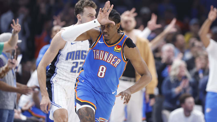 Nov 4, 2024; Oklahoma City, Oklahoma, USA;Oklahoma City Thunder forward Jalen Williams (8) gestures after scoring a three point basket against the Orlando Magic during the first quarter at Paycom Center. Mandatory Credit: Alonzo Adams-Imagn Images