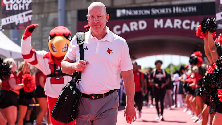Louisville head football coach Jeff Brohm leads the team on the Card March before the game against EKU at the Cardinals' season opener Saturday, August 30, 2025 at L&N Federal Credit Union Stadium in Louisville, Kentucky. Louisville head football coach Jeff Brohm leads the team on the Card March before the game against EKU at the Cardinals' season opener Saturday, August 30, 2025 at L&N Federal Credit Union Stadium in Louisville, Kentucky.