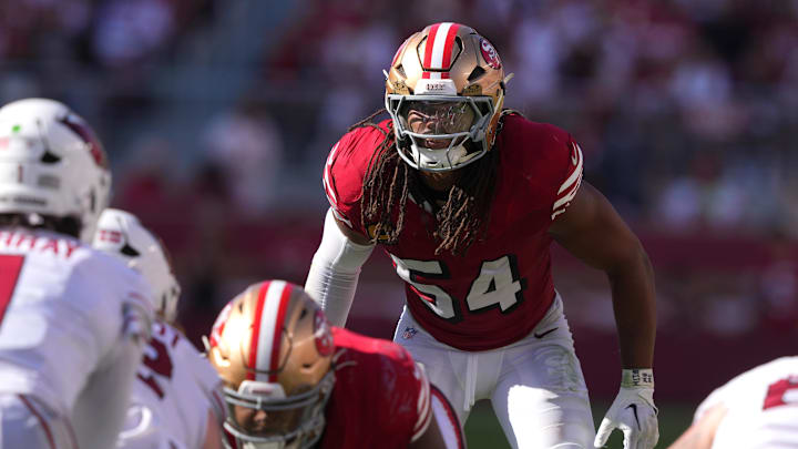 Oct 6, 2024; Santa Clara, California, USA; San Francisco 49ers linebacker Fred Warner (54) during the fourth quarter against the Arizona Cardinals at Levi's Stadium. Mandatory Credit: Darren Yamashita-Imagn Images
