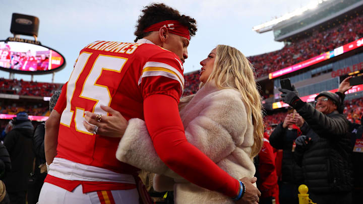 Jan 26, 2025; Kansas City, MO, USA; Kansas City Chiefs quarterback Patrick Mahomes and his wife, Brittany Mahomes.