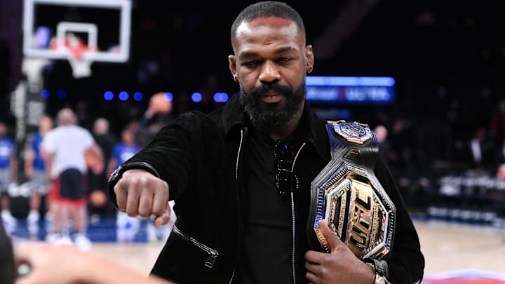 UFC mixed martial arts heavyweight champion Jon Jones poses for a photo before a game between the New York Knicks and the Chicago Bulls at Madison Square Garden.