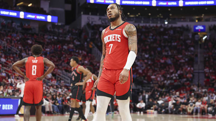 Feb 9, 2025; Houston, Texas, USA; Houston Rockets forward Cam Whitmore (7) reacts after a play during the second quarter against the Toronto Raptors at Toyota Center.