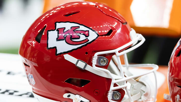 Feb 9, 2025; New Orleans, LA, USA;  Detailed view of a Kansas City Chiefs helmet in Super Bowl LIX at Ceasars Superdome. Mandatory Credit: Mark J. Rebilas-Imagn Images