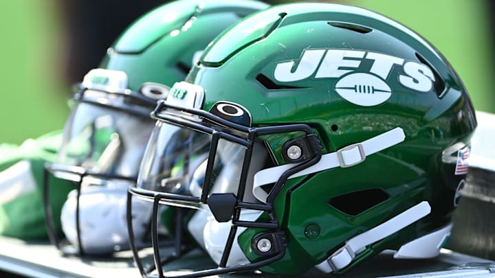 Sep 12, 2021; Charlotte, North Carolina, USA;  New York Jets helmets on the sidelines at Bank of America Stadium. Mandatory Credit: Bob Donnan-Imagn Images