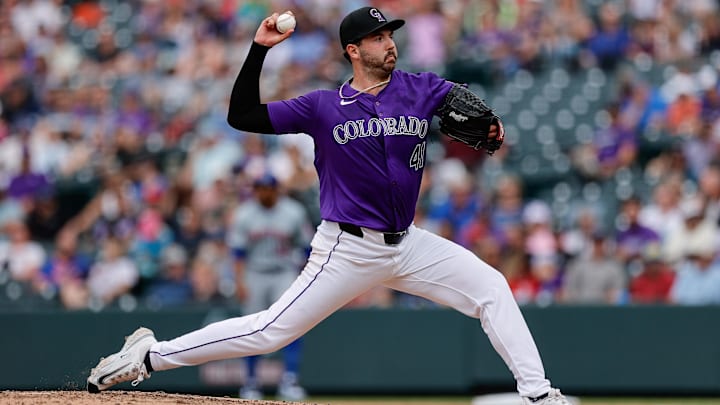 Aug 8, 2024; Denver, Colorado, USA; Colorado Rockies relief pitcher Riley Pint (41) pitches in the seventh inning against the New York Mets at Coors Field. Mandatory Credit: Isaiah J. Downing-Imagn Images