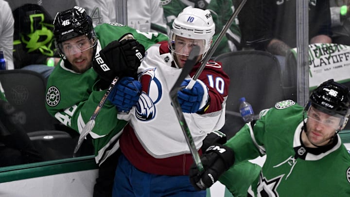May 3, 2025; Dallas, Texas, USA; Dallas Stars defenseman Ilya Lyubushkin (46) and Colorado Avalanche center Charlie Coyle (10) battle for control of the puck during the second period in game seven of the first round of the 2025 Stanley Cup Playoffs at American Airlines Center. Mandatory Credit: Jerome Miron-Imagn Images May 3, 2025; Dallas, Texas, USA; Dallas Stars defenseman Ilya Lyubushkin (46) and Colorado Avalanche center Charlie Coyle (10) battle for control of the puck during the second period in game seven of the first round of the 2025 Stanley Cup Playoffs at American Airlines Center. Mandatory Credit: Jerome Miron-Imagn Images