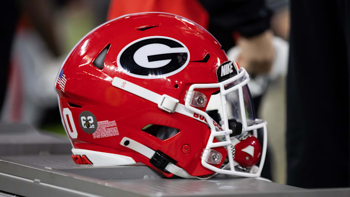 Jan 9, 2023; Inglewood, CA, USA; Detailed view of a Georgia Bulldogs helmet during the CFP national championship game at SoFi Stadium. Mandatory Credit: Mark J. Rebilas-Imagn Images